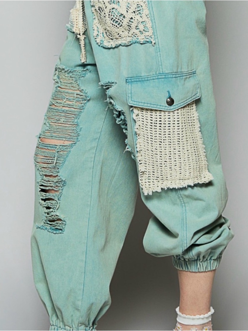 #1379 POL Pink Distressed Cargo Track Pants with Crochet Pockets - Picture 6 of 14